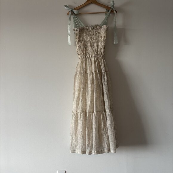 En Saison Milkmaid Cottagecore Toile Romantic Midi Dress Size XS Smocked Bow Tie - Picture 10 of 16